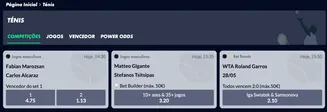 Apostas em ténis ao vivo no Solverde.pt – jogos e cotações atualizadas. Página de apostas em ténis no Solverde.pt mostrando eventos e odds para jogos masculinos, incluindo Roland Garros.